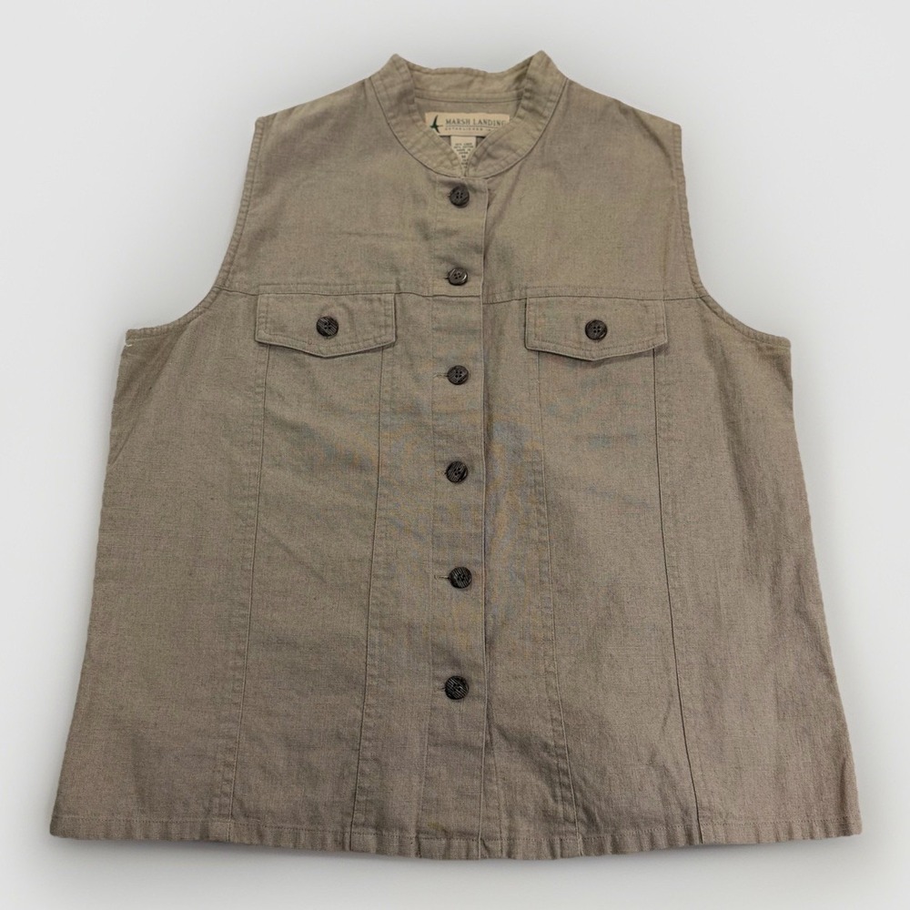 VTG Marsh Landing Vest Utility Trucker Minimalist Tan Linen Blend M Western